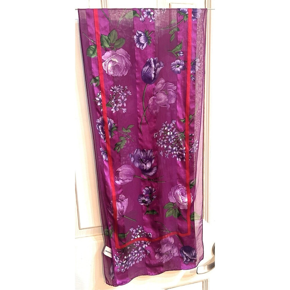 Accessory Street 100% Silk Chiffon Rectangle Scarf Purple Floral Logo Dry Clean